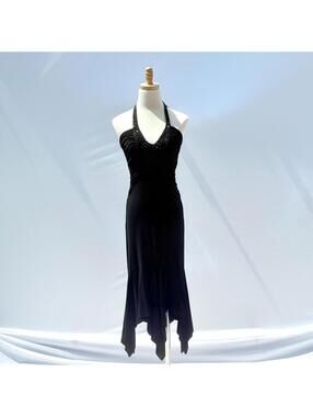 Vintage bebe Whimsigoth Black Beaded Halter Dress Handkerchief Hem Small